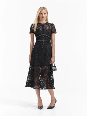 EUC Self-Portrait Cord Lace Bow Midi Dress in Black